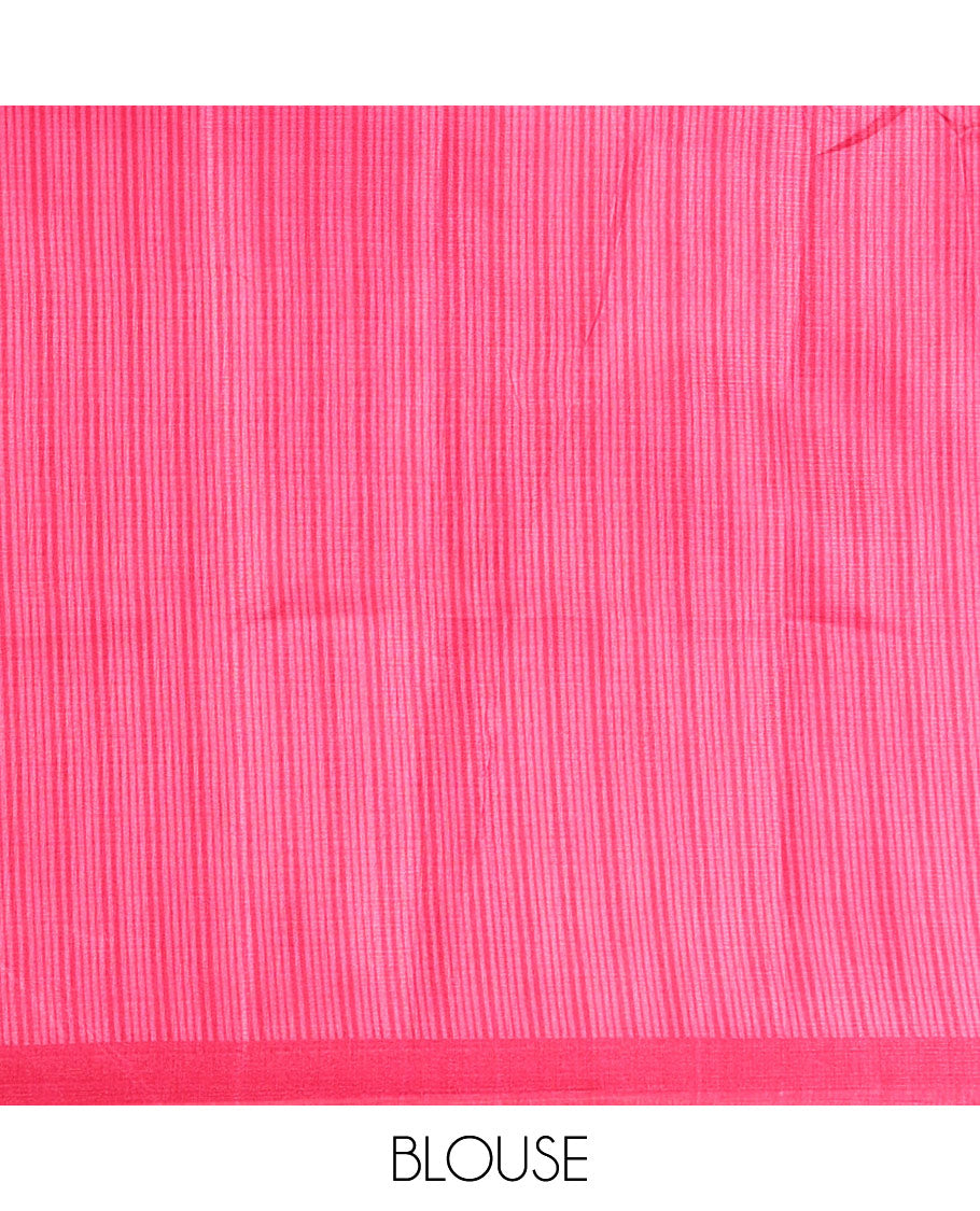 Cream polka dot printed khadi cotton saree, contrast piping border with stripes print, stripes printed pallu & pink stripes printed blouse
