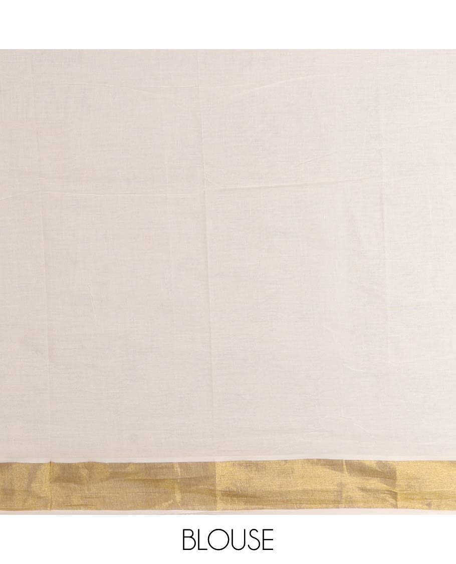 Cream Mughal-style buttas, golden foil printed Kerala cotton saree, zari border, pallu of paisley motifs, and a matching blouse
