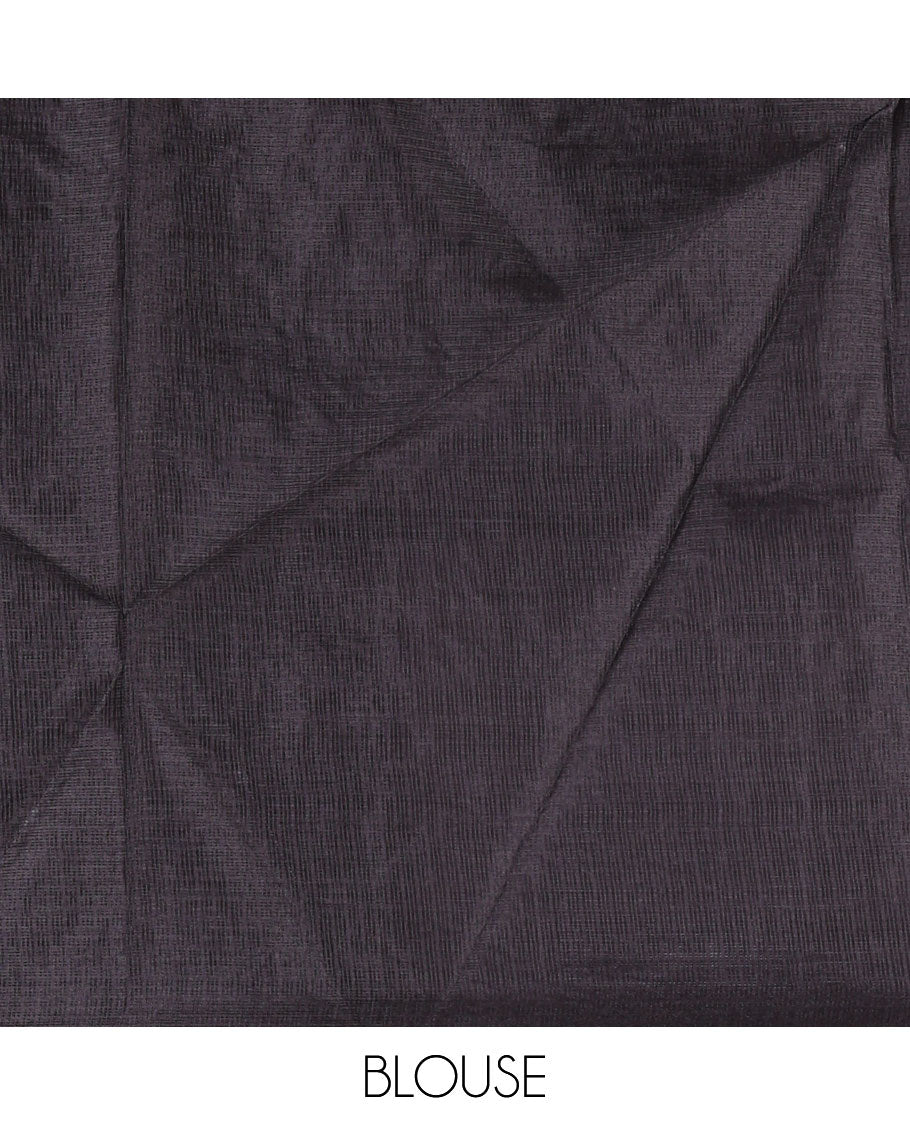 Grey-black floral vine chickankari embroidered kota chex saree, lace border, floral vine chickankari embroidered pallu, and contrast plain blouse