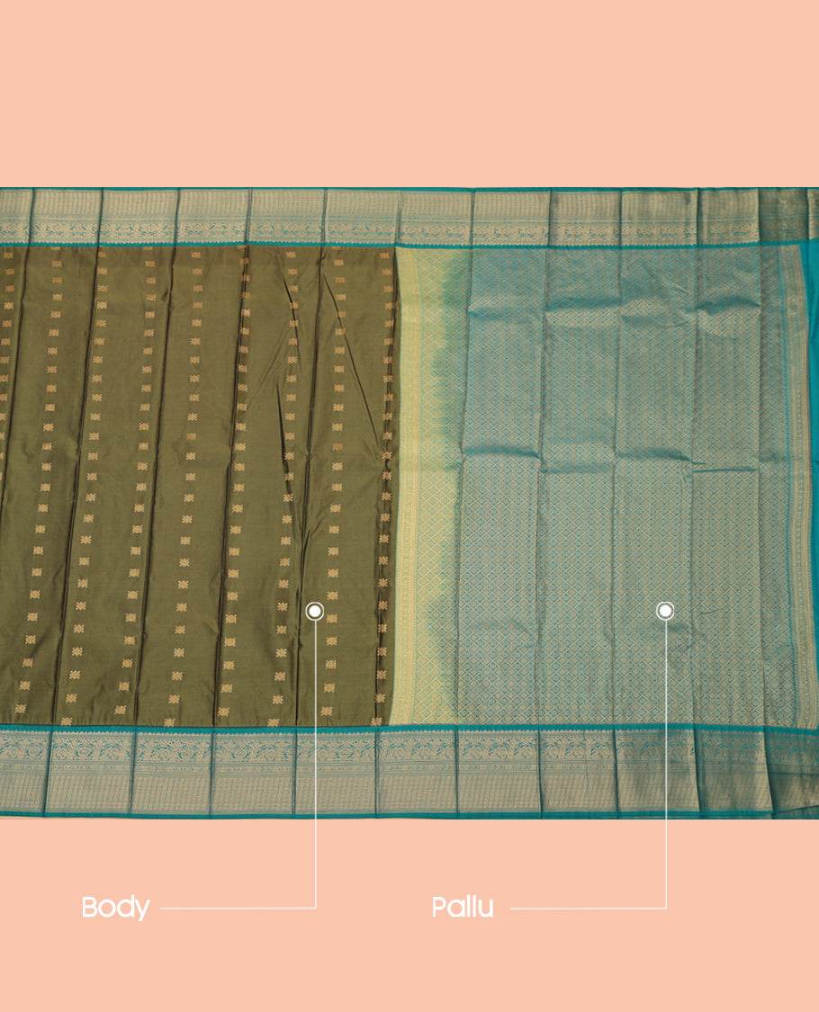 Green Budget Silk Saree, Bedecked with Zari Buttas, a Contrast Traditional Zari Border, Intricate Pallu, and a Contrast Blouse