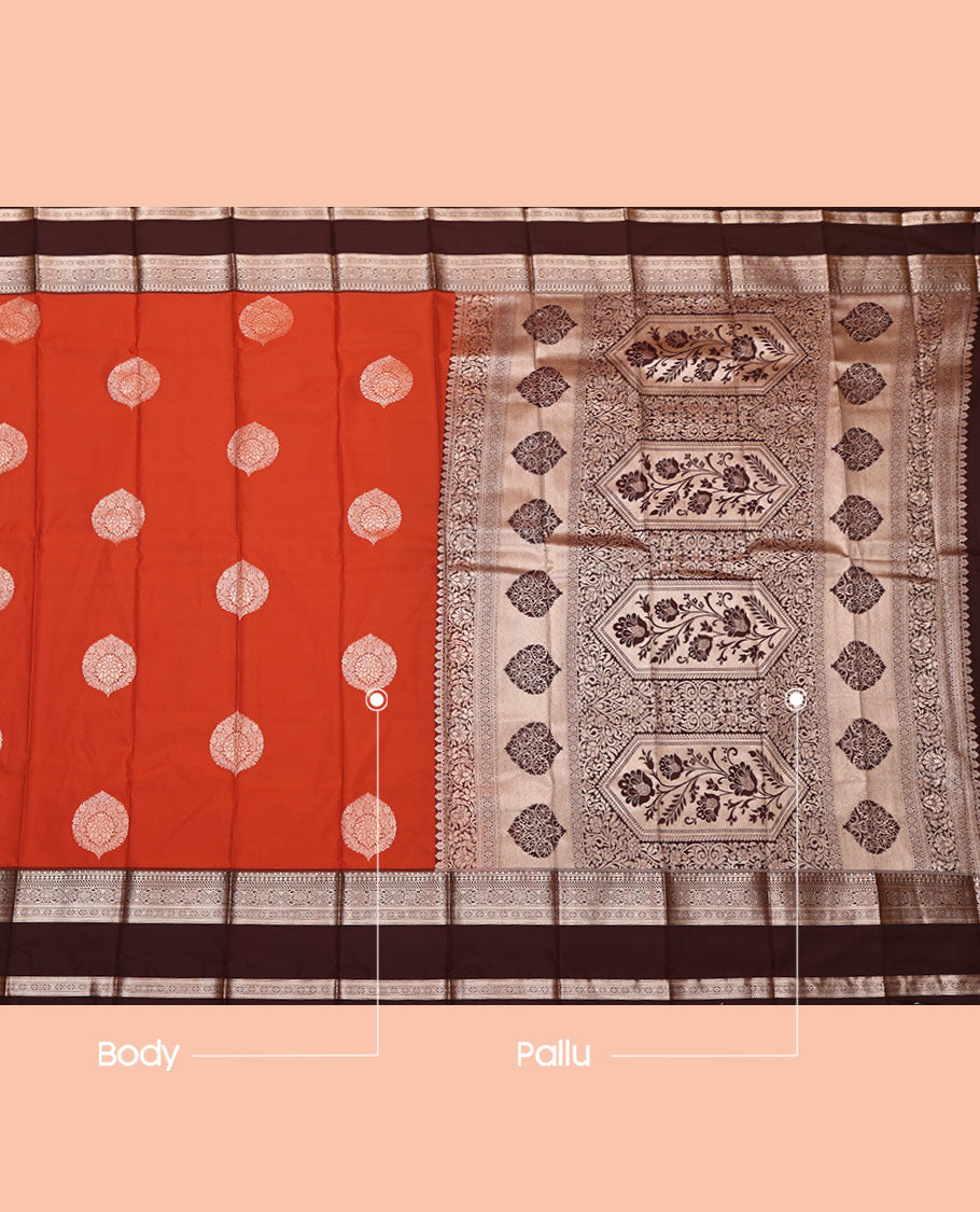 Orange Budget Silk Saree, Finely Crafted with Zari Buttas, Complemented by a Contrast Traditional Zari Rettai Pettu Border, Grand Pallu, and a Contrast Blouse