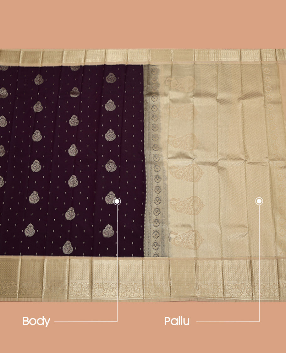 Dark Maroon Budget Silk Saree, Meticulously Crafted with Zari Buttas All Over Its Body, Complemented by a Contrast Traditional Zari Design Border, Sparsely Woven Pallu, and Paired with a Contrast Blouse