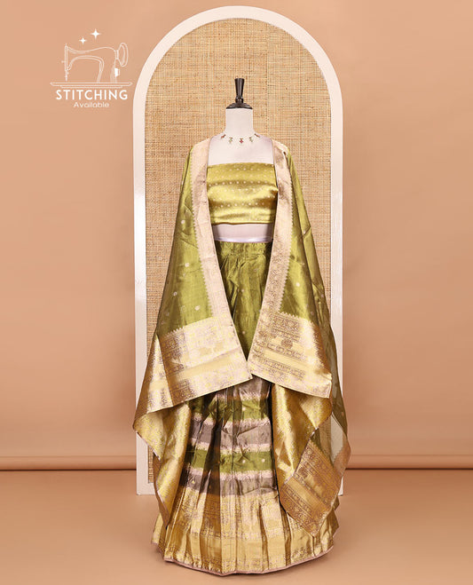 Liril green half-saree, buttas & traditional motifs skirt, brocade banarasi blouse & intricate dhavani