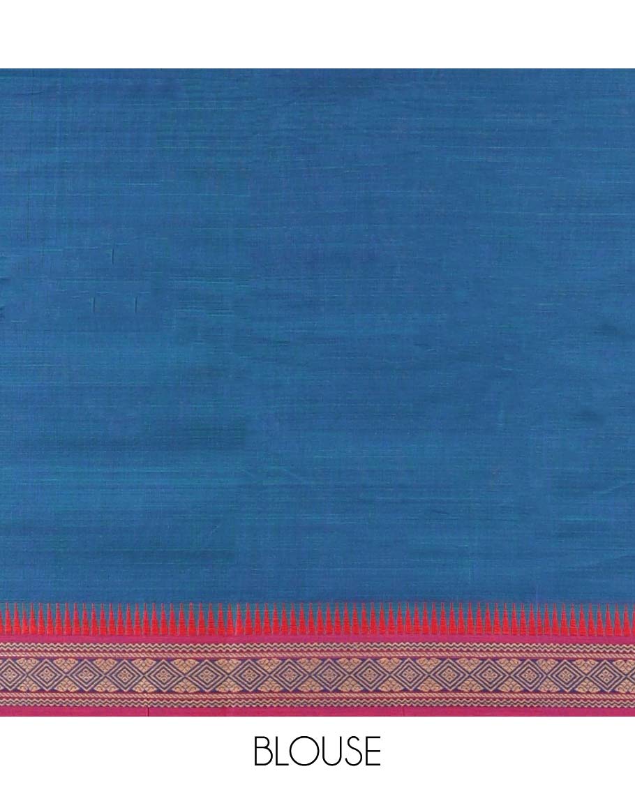 Blue plain Narayanapet cotton saree, contrast unique design border & striped pallu