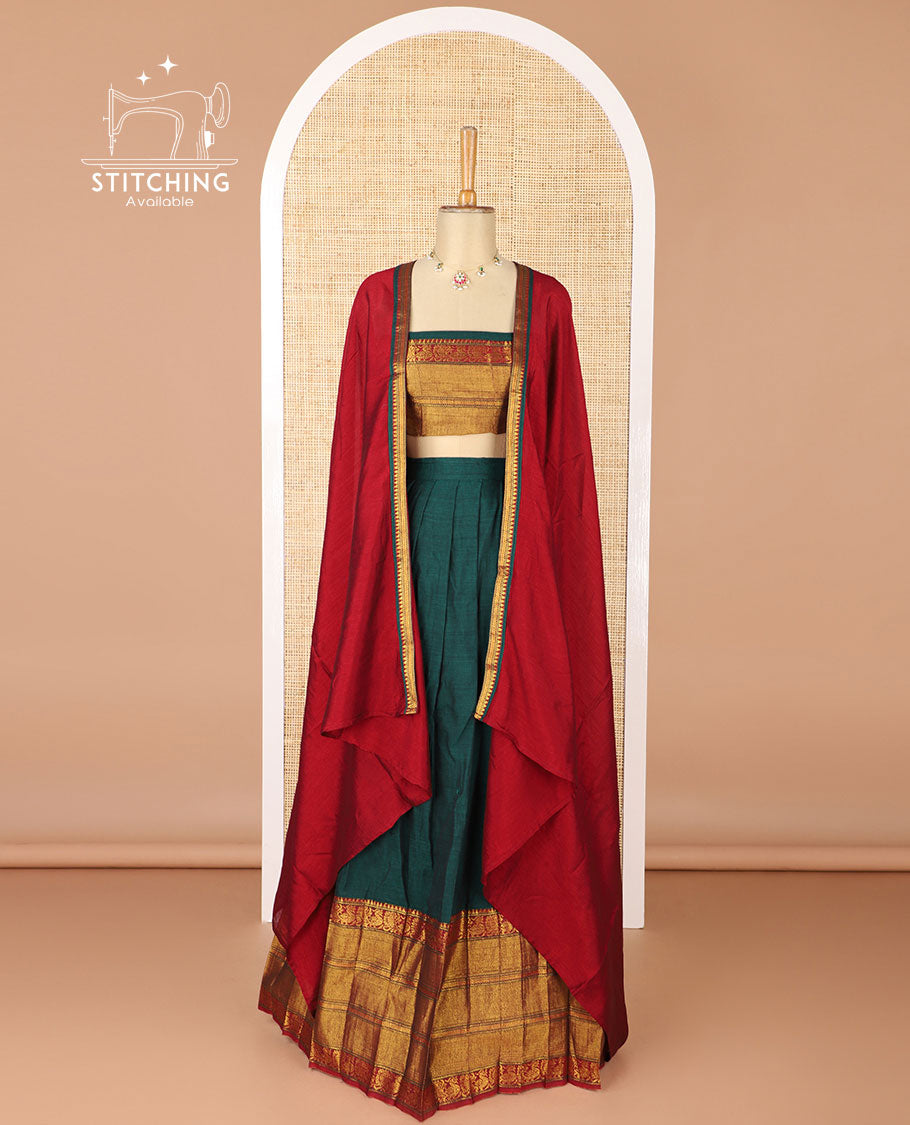 Green mercerised cotton daman zari border half saree with cotton blouse & skya georgette one side zari border dhavani