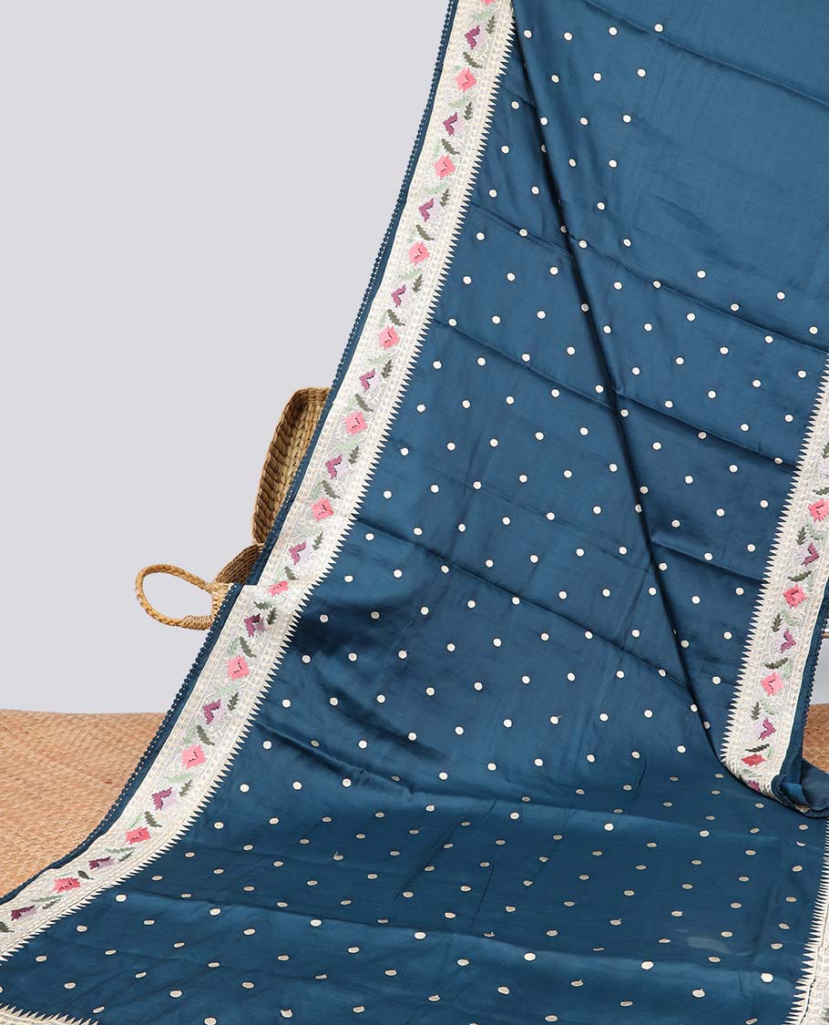 Blue polka dot semi-banaras tussar saree & contrast floral thread embroidered border