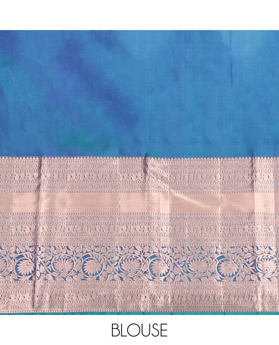 Blue floral jacquard wedding silk saree, intricate pallu & zari border of thilakam,kamalam,manga & kodi visiry designs