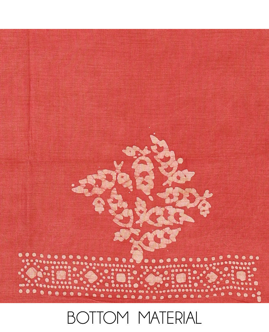 Onion pink chudidhar material, leaf batik-print bhagalpuri cotton top,contrast batik-print bottom & dual-color printed mul-mul dupatta