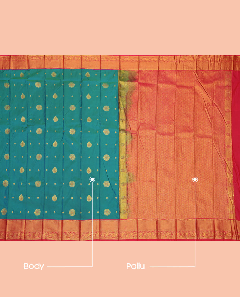 Blue Budget Silk Saree, Ornamented with Zari Buttas, a Contrast Traditional Zari Border, Grand Pallu, and a Contrast Blouse
