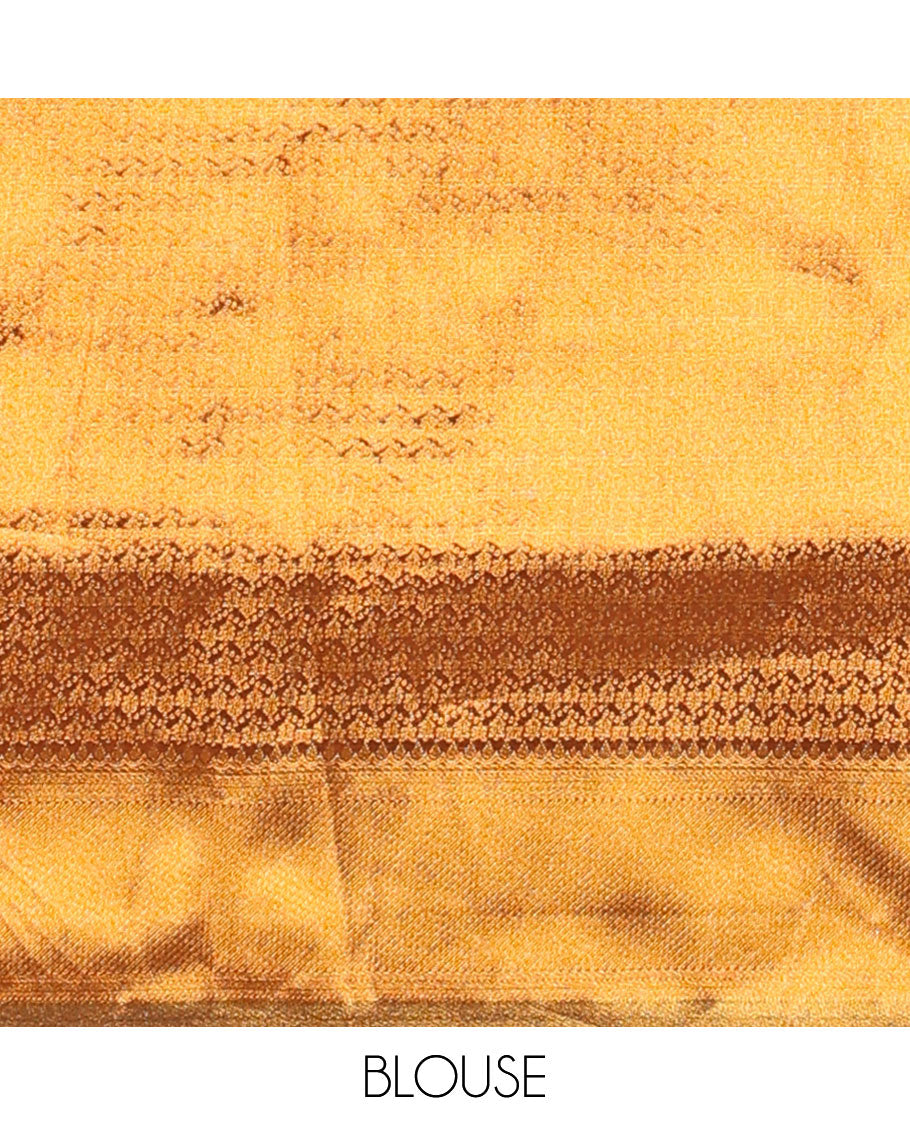 Brown buttas half saree with contrast striped border, intricate zari design blouse & butta , striped floral zari design dhavani