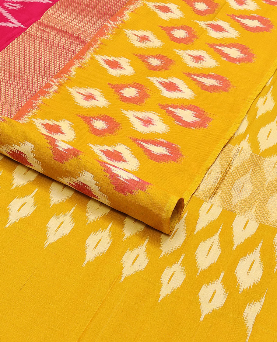 Red geometric design ikkat saree with contrast floral design border & ogee design pallu