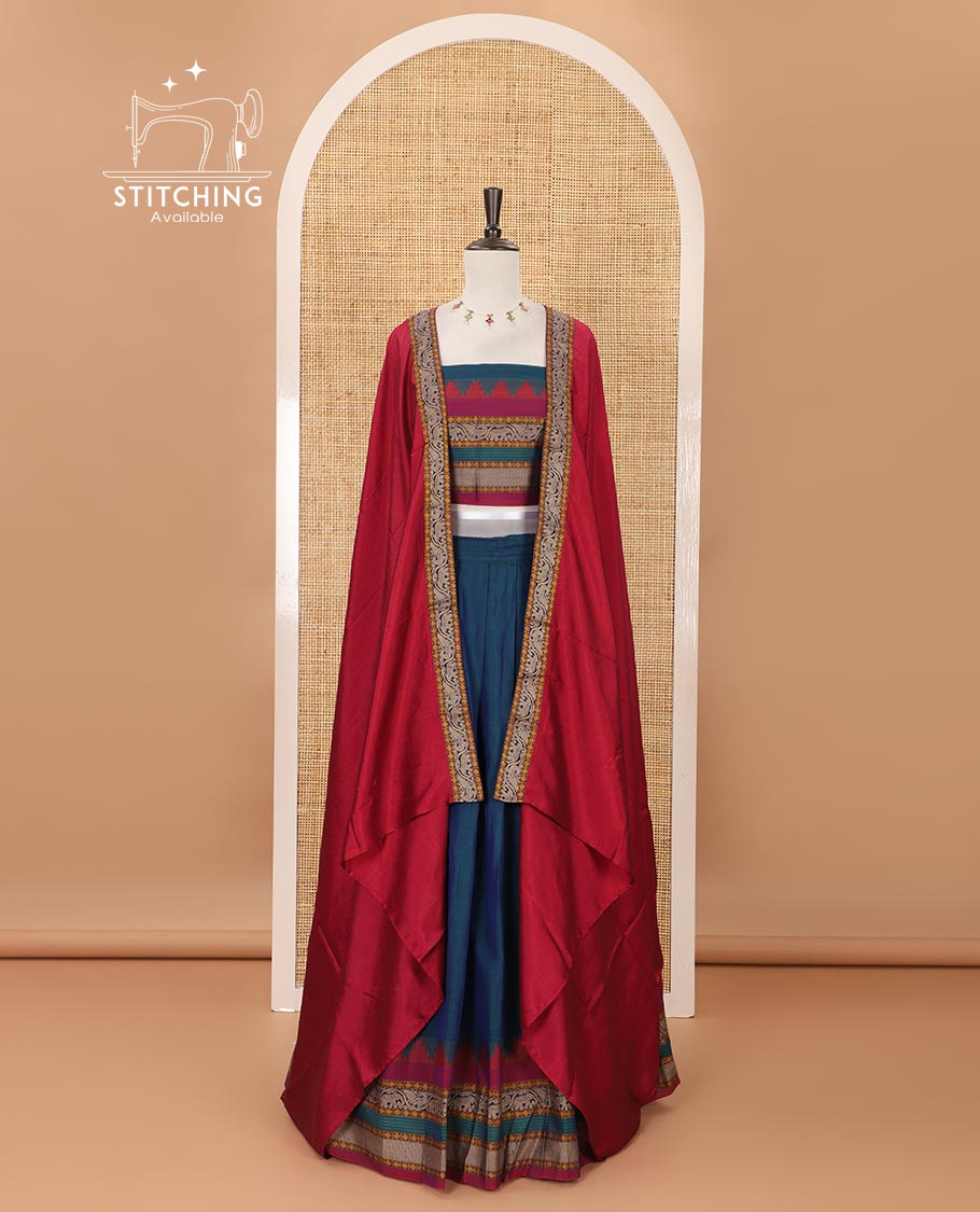 Peacock green mercedised cotton half-saree, contrast traditional resham thread border skirt, matching blouse & contrast magenta thread border georgette dhavani