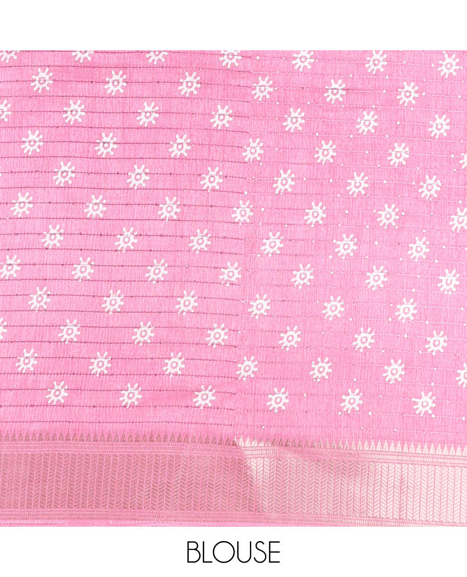 Light pink Batik print, sequins embroidery dola silk saree with gold zari jacquard border & pathick printed, sequins pallu along with pathick printed blouse