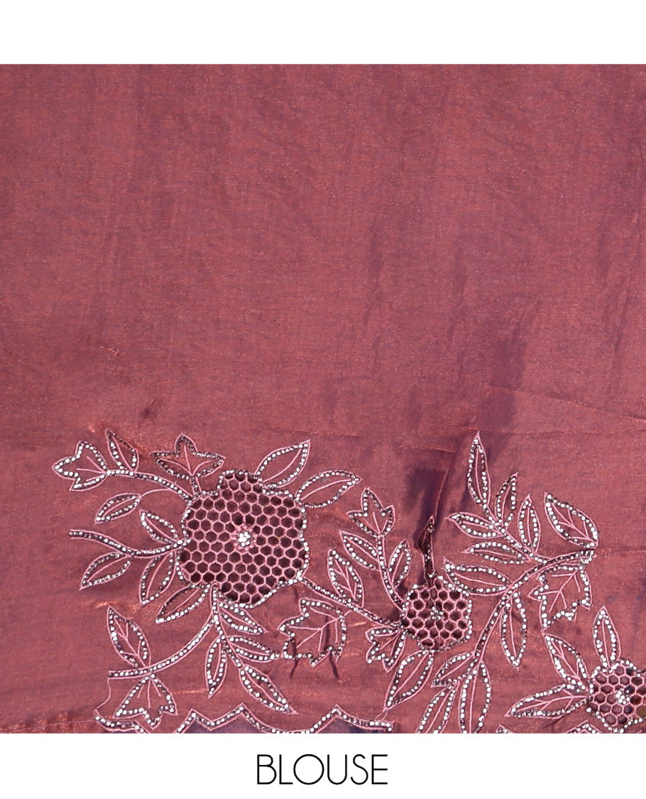 Copper Designer Saree, Spotlighted with Stonework, Scallop-Cut Stonework Border, Self Pallu, and Matching Blouse