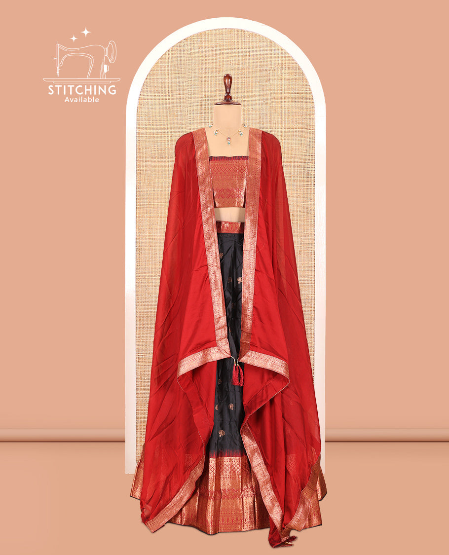 Black-Maroon Semi-Silk Half-Saree Features Zari Buttas Skirt, Contrast Traditional Zari Border, a Matching Blouse, a Contrast Blouse