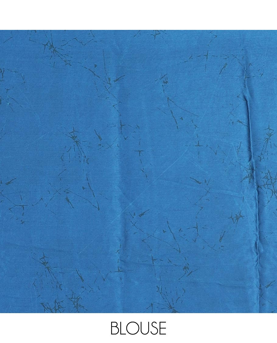 Borderless blue abstract style vines batik printed Gajji silk saree, printed pallu, and plain blouse