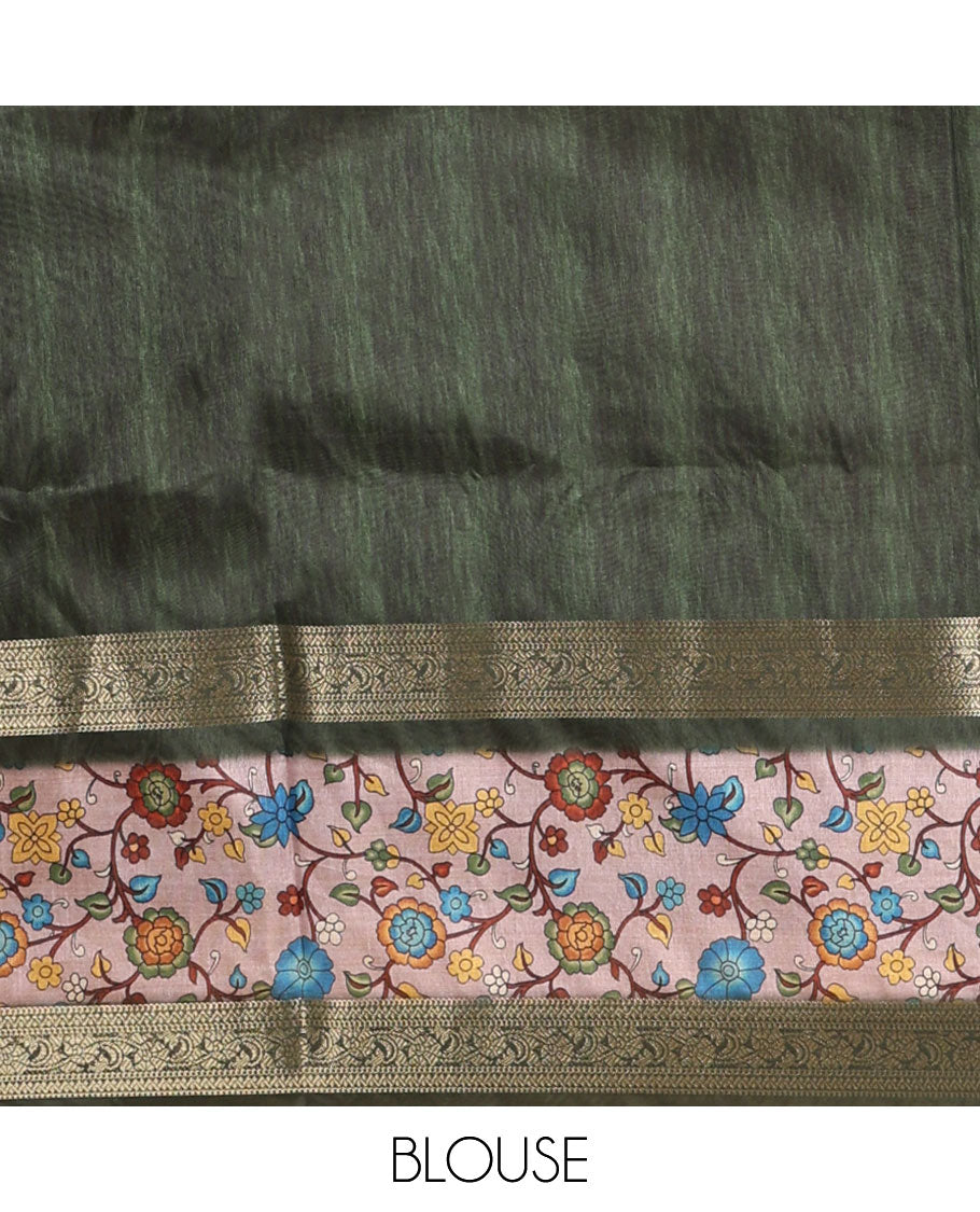 Onion pink tie-dye & human motifs enclosed arcs printed semi-tussar saree,contrast traditional zari rettai pettu floral print border, print pallu & contrast blouse