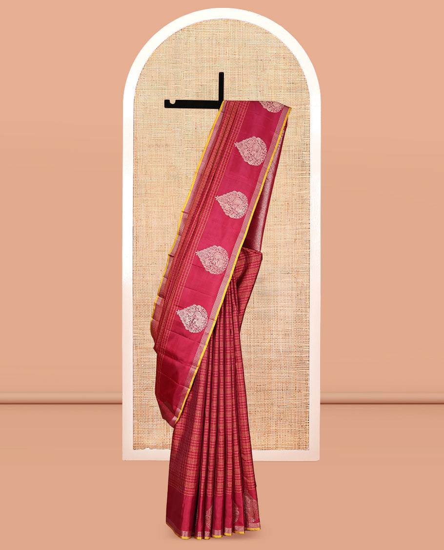 Red Checked Kanchipuram Silk Saree, a Zari-Intricately Designed Border, Grand Jaal Pallu, and a Matching Blouse