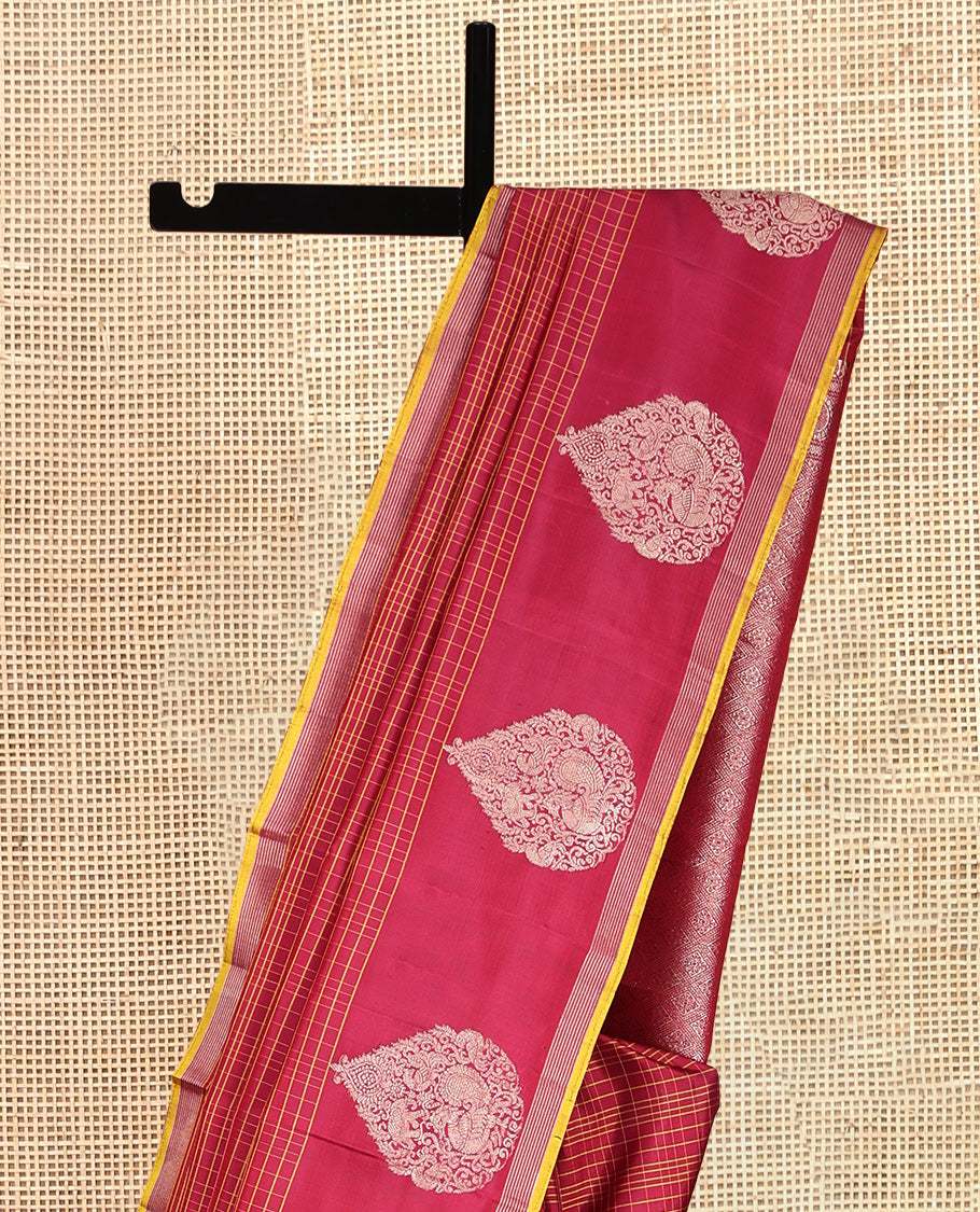 Red Checked Kanchipuram Silk Saree, a Zari-Intricately Designed Border, Grand Jaal Pallu, and a Matching Blouse