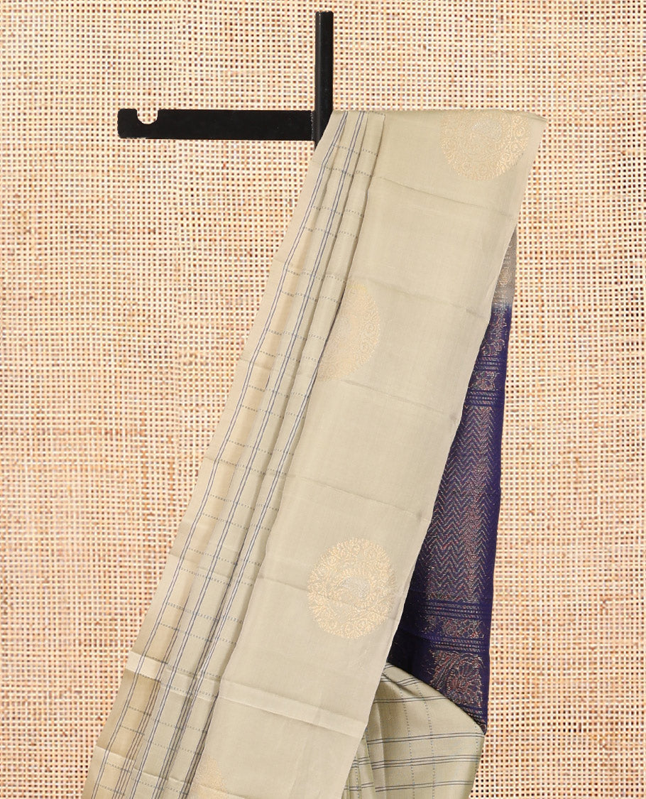 Beige Mayuri Lite Silk Mix Saree, Beautified with Checked Design, Zari Chakram Buttas Border, Vanki Pallu, and a Contrast Blouse