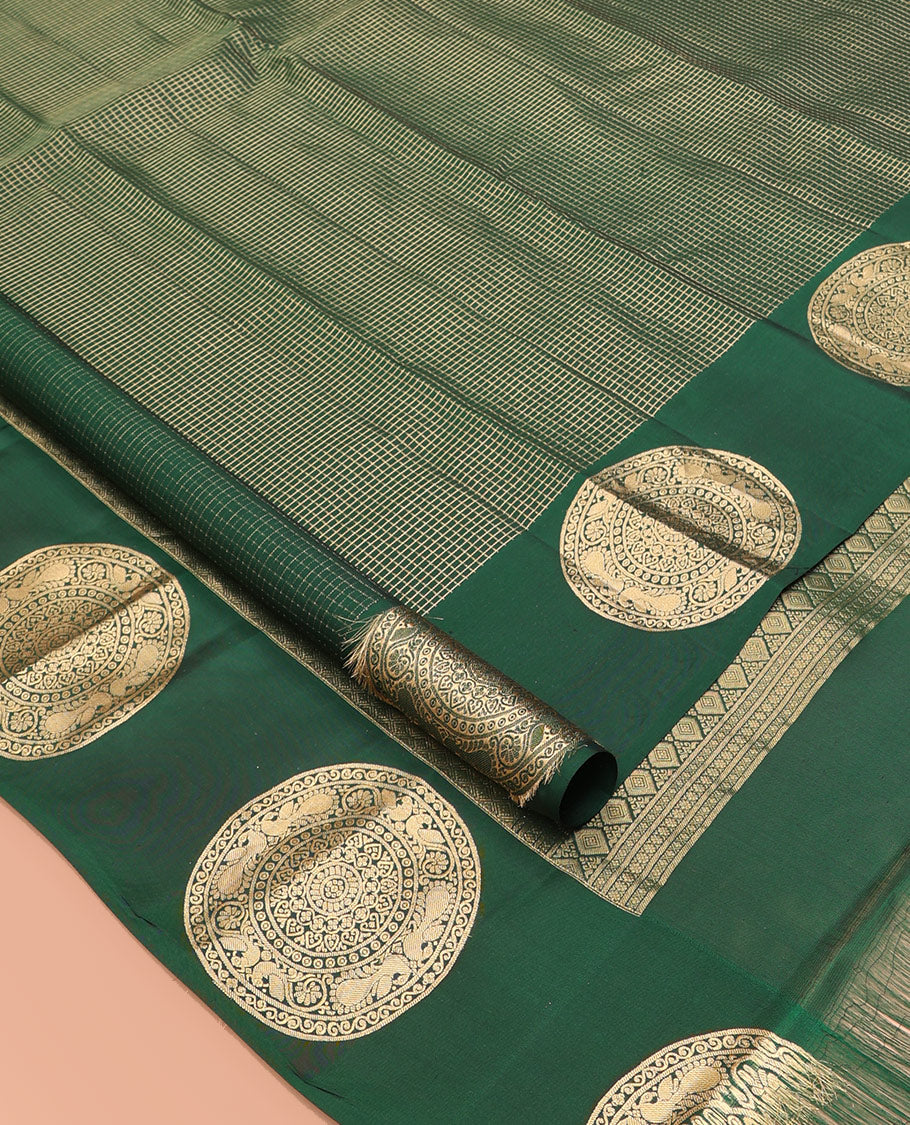Green Checked Vasundhara Lite Silkmix Saree, a Chakram Motif Border, Jaal Pallu, Matching Blouse