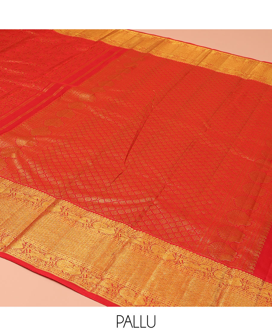 Red Kanchipuram Wedding Silk Saree, Beautifully Bedecked with Floral Jacquard Design on Its Body, Highlighted by a Zari Border of Salngai, Rudraksham, Mayil, Kuthirai, and Jaal Designs, Grand Jaal Pallu, and Paired with a Matching Blouse