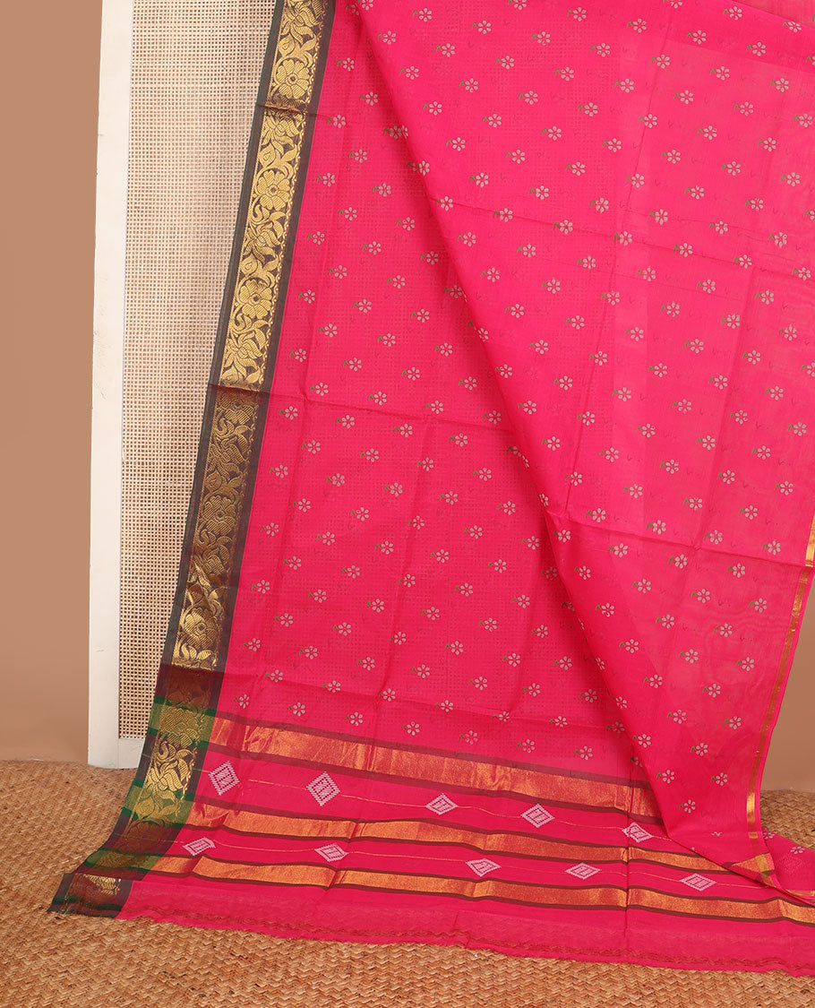 Hot pink flower buttas Andhra cotton saree, contrast traditional zari border & zari striped & diamond pallu