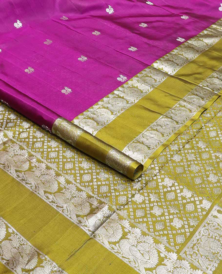 Purple motifs venkatagiri silk saree with contrast rettai pettu peacock zari design border & argyle design pallu