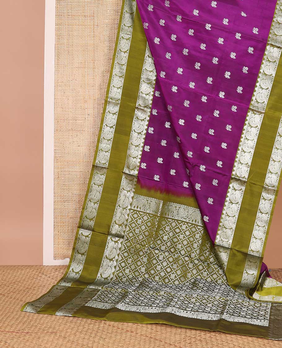 Purple motifs venkatagiri silk saree with contrast rettai pettu peacock zari design border & argyle design pallu