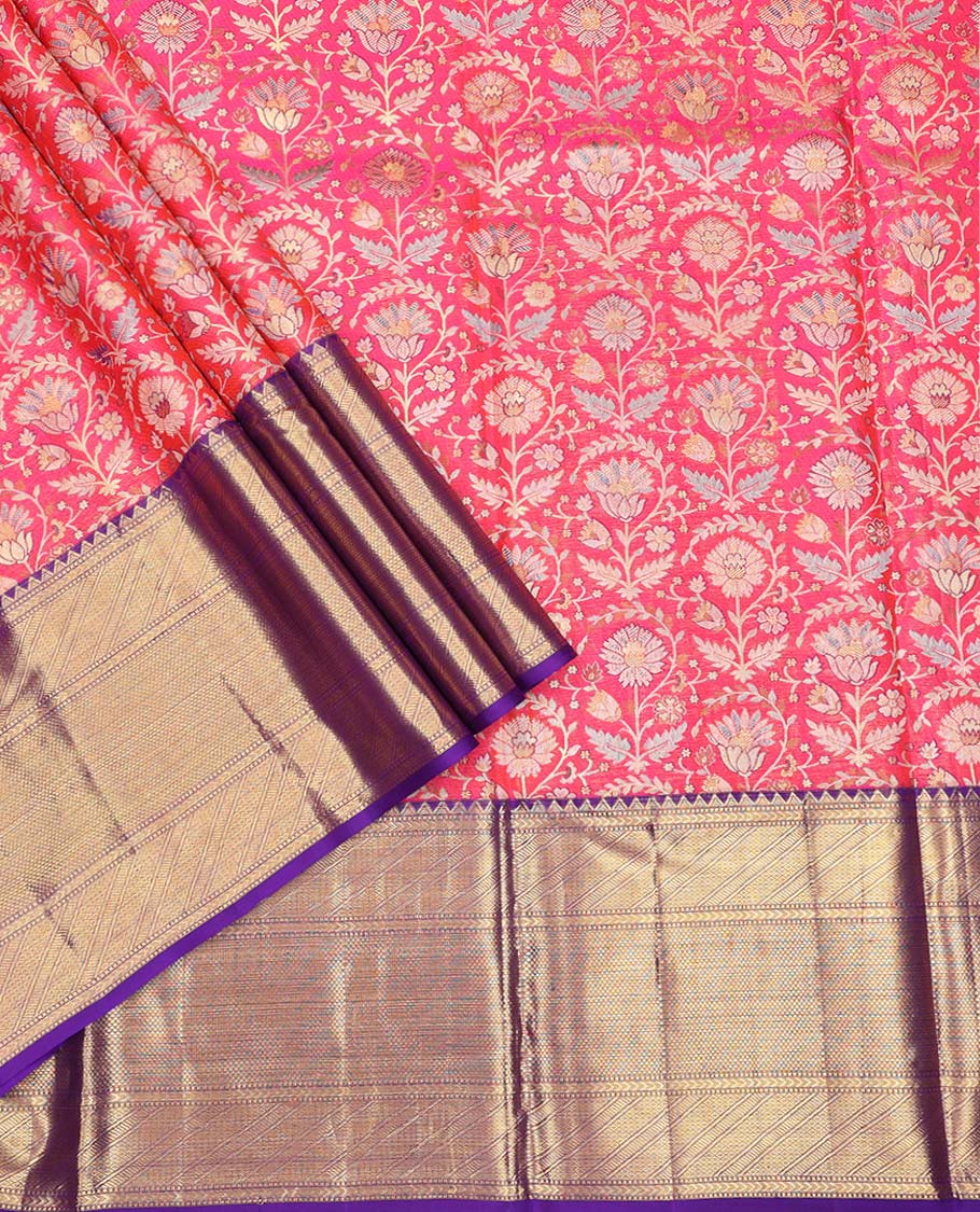 Red floral jacquard pure silk half saree with contrast striped design border , zari design blouse & checked, floral design dhavani
