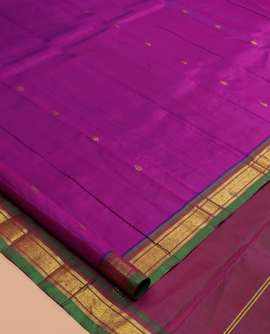 Purple Kanchipuram Silk Saree, Woven with Zari Buttas, a Contrast One-Sided Border of Banaras, and Jaal Designs, Zari Design Pallu, and No Blouse