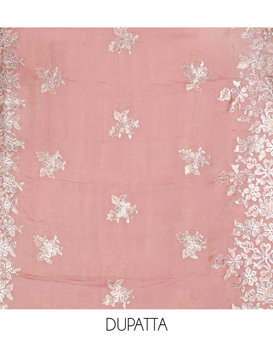 Pink Material Churidar Set, Artfully Detailed with an Floral Motifs Embroidered on Its Nc Moss Organza Top, Plain Santoon Bottom, and Nc Moss Organza Scallop Dupatta of Floral-Leaf Embroidery