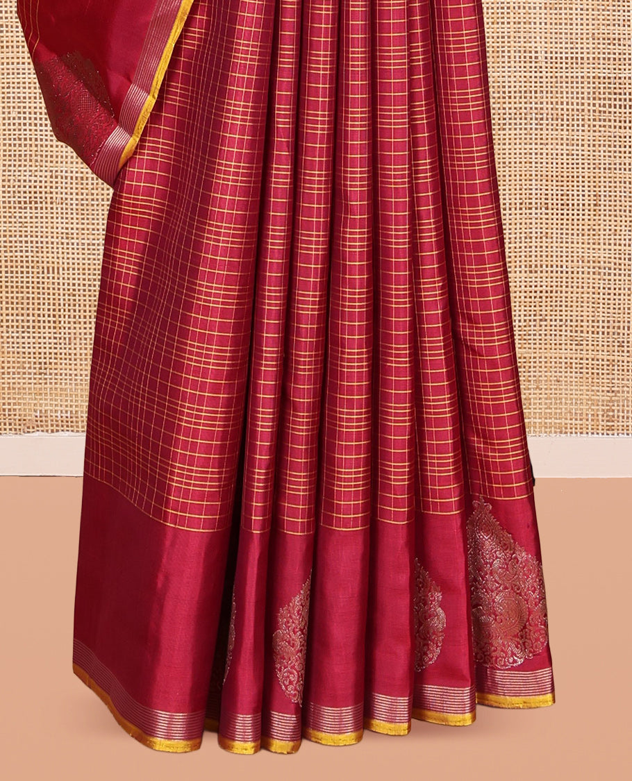 Red Checked Kanchipuram Silk Saree, a Zari-Intricately Designed Border, Grand Jaal Pallu, and a Matching Blouse
