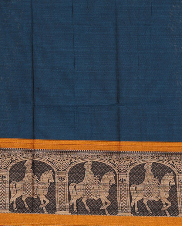 Blue with mustard mercedised cotton half-saree, contrast elephant zari border skirt, matching blouse & one side border georgette dhavani