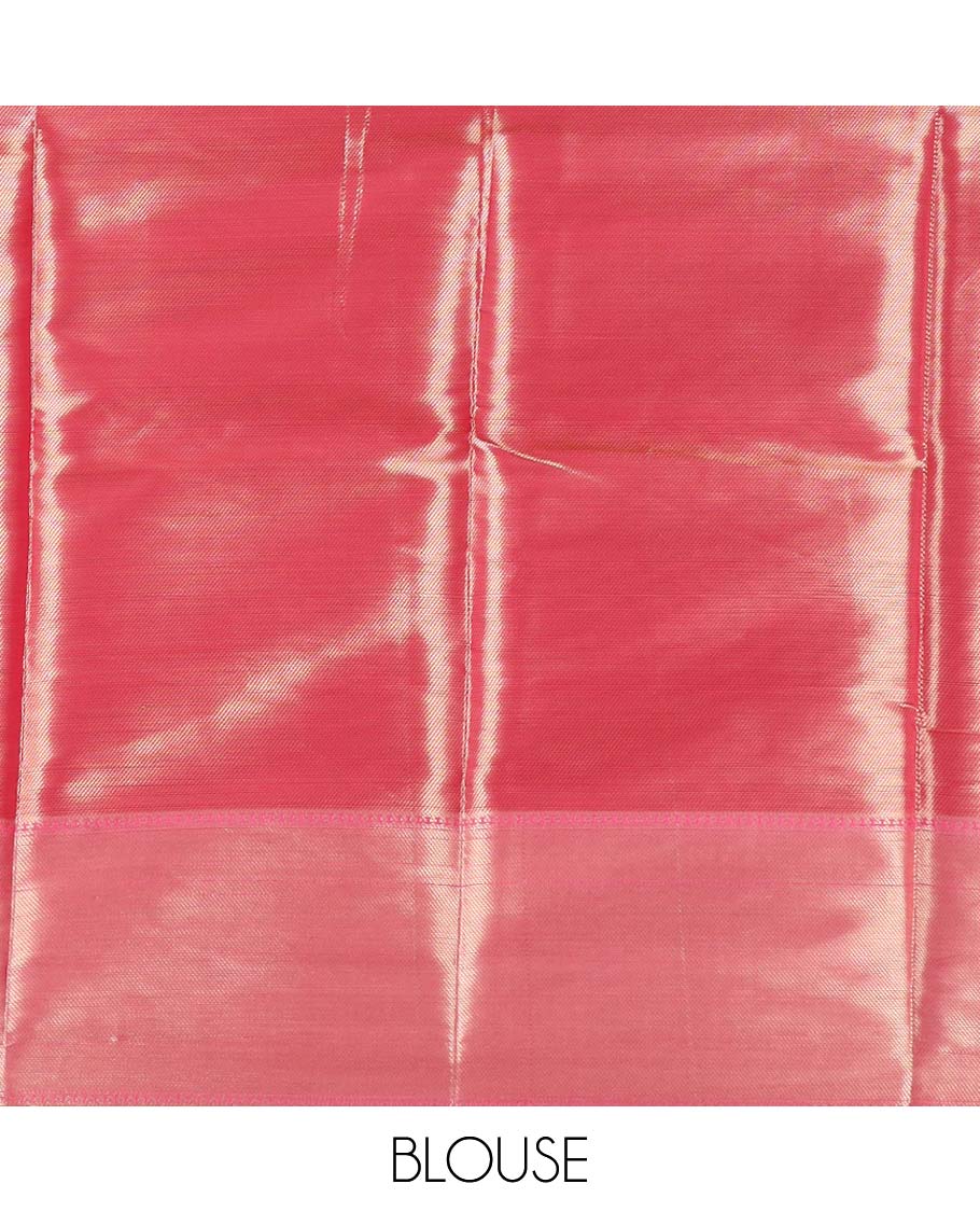 Red chevron design semi tissue saree with contrast zari design border & striped pallu