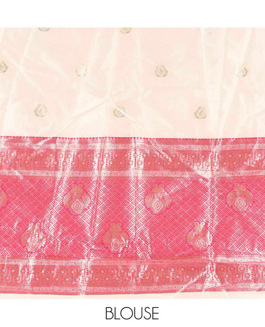 Cream-Rani Pink Semi-Banarasi Half-Saree Set Featuring Buttas Skirt, Contrast Traditional Border, a Matching Blouse, and a Banaras Dhavani