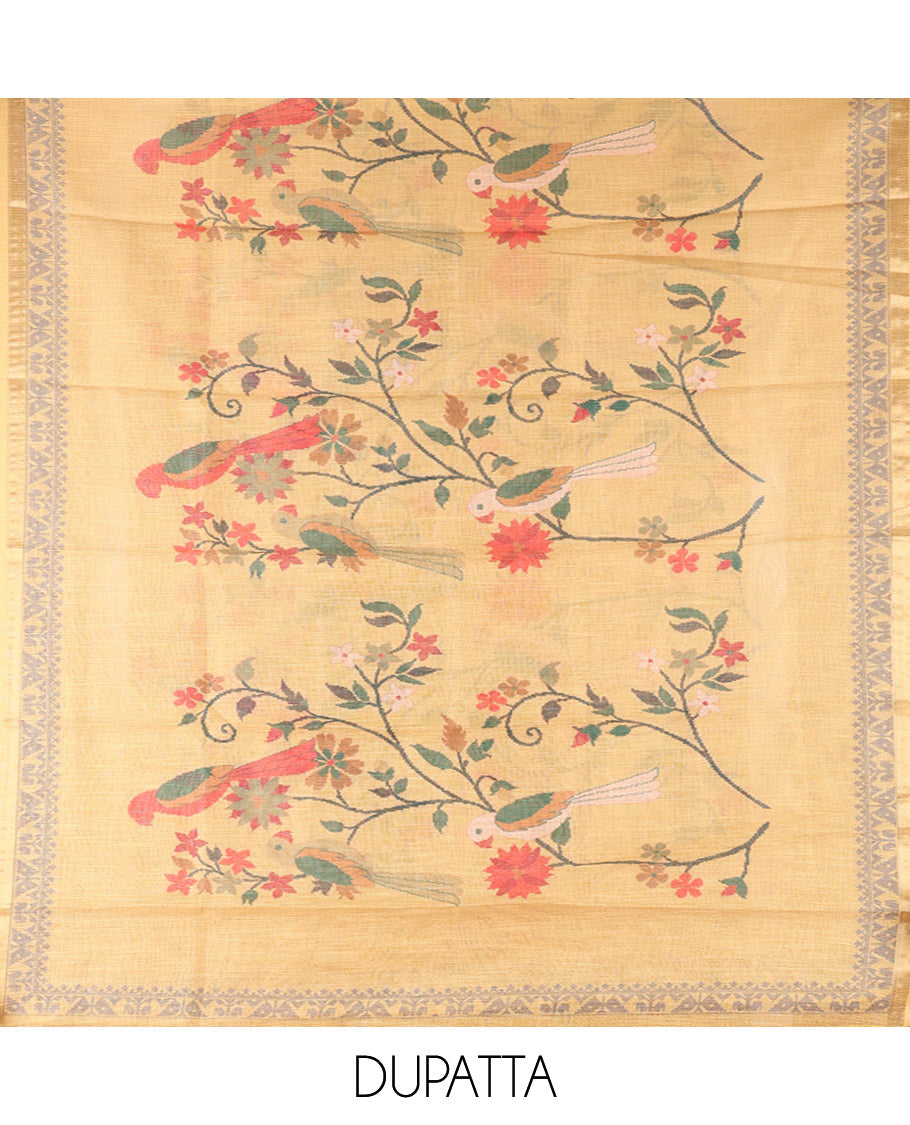 Yellow Linen Tissue Material Chudidar Set, Adorned with Paithani Floral-Parrot Design on Its Top, a Contrast Plain Bottom, and Paired with a Linen Tissue Dupatta of Floral-Parrot Print