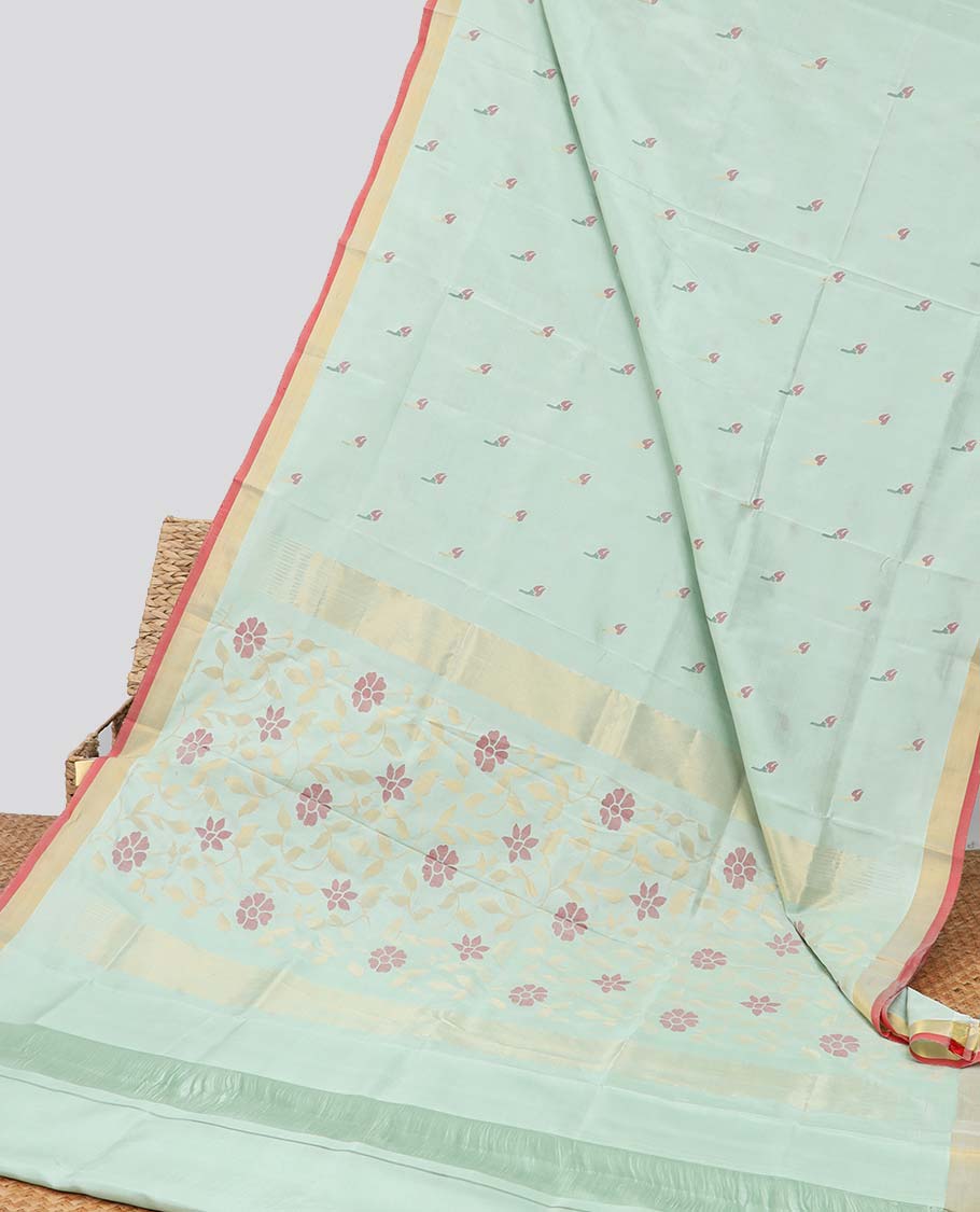 Mint green floral motifs uppada silk saree with contrast zari border & floral vine design pallu
