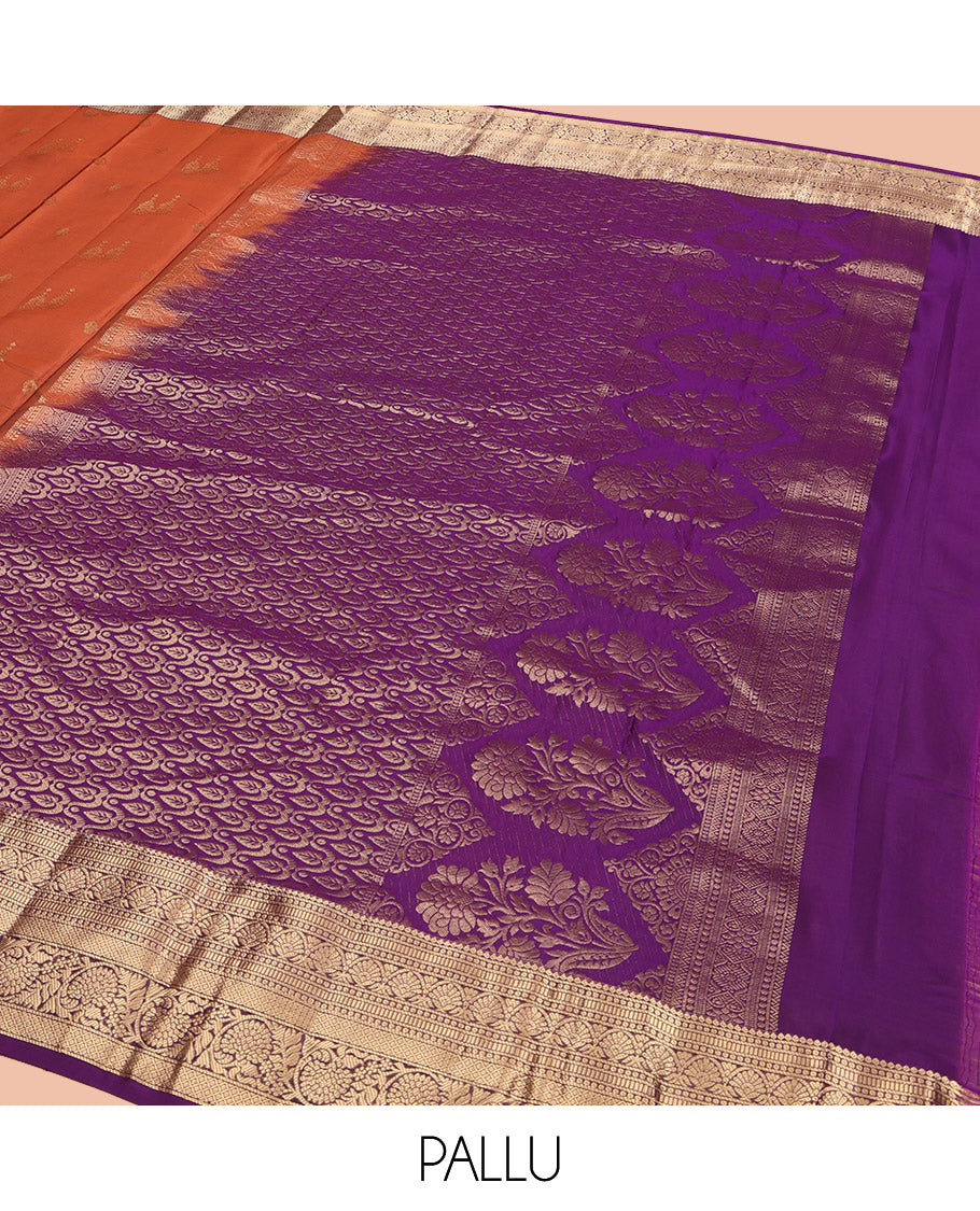 Rust Orange Vasundhara Lite Silk Mix Saree, Detailed with Zari Buttas, Complemented by a Contrast Border of Thilakam, Muthu, Jaal, and Kodi Visiry Designs, Majestically Detailed Pallu, and Paired with a Contrast Blouse