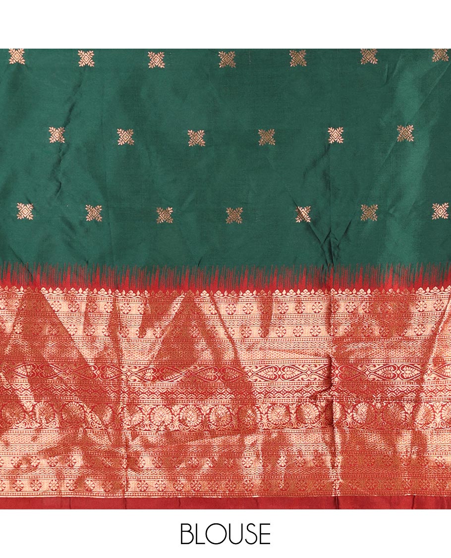 Green taffeta silk half saree, zari buttas with contrast maroon traditional zari border skirt, matching zari design blouse, and contrast plain zari border syska georgette dhavani
