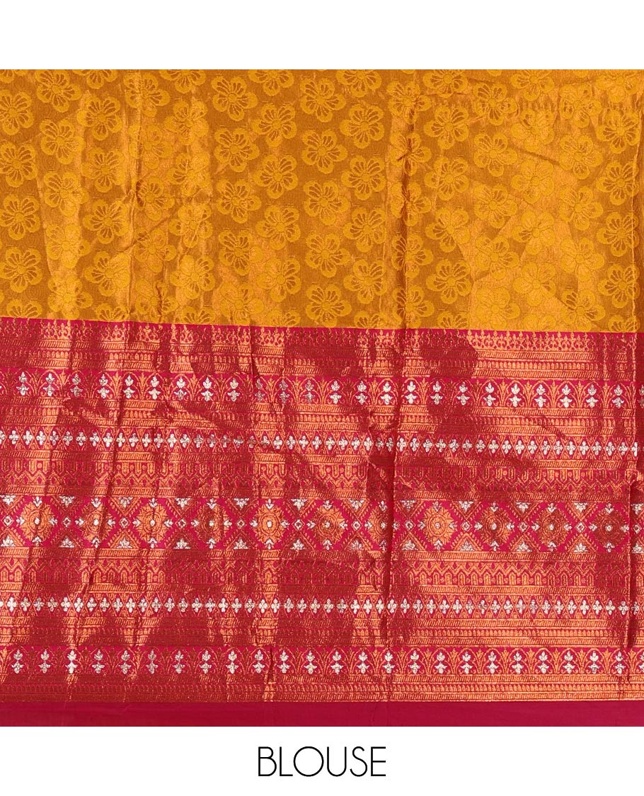 Mustard semi-banaras half-saree, embossed & contrast traditional zari border skirt,blouse of embossed & zari work & contrast-rani pink zari design dhavani