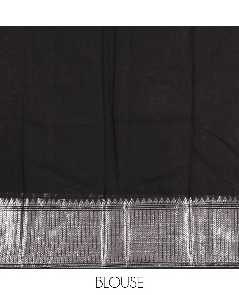 Black-magenta Mercerised cotton half-saree, plain & contrast temple geometric border skirt, matching blouse & contrast zari border Vichitra silk dhavani