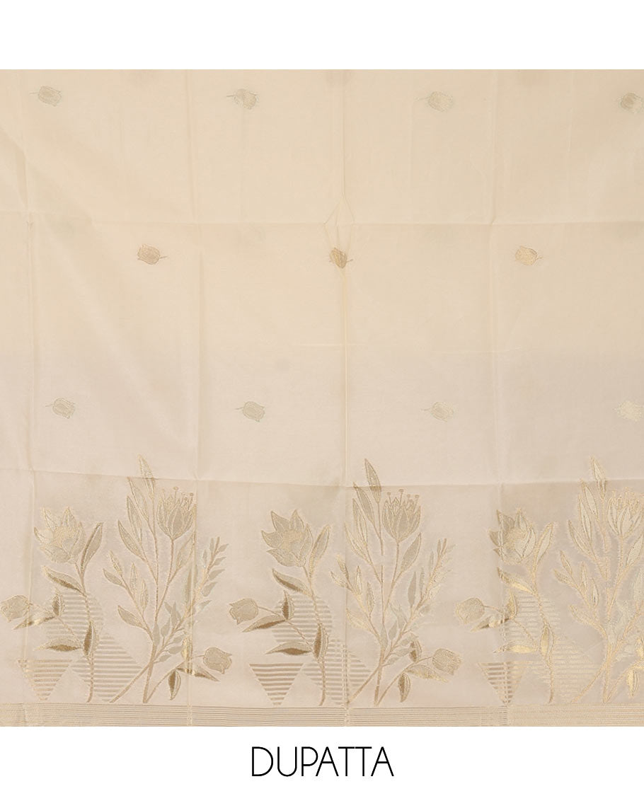 Kerala cream chudidar material, zari floral design woven taffeta silk top, plain santoon bottom & floral zari design dupatta