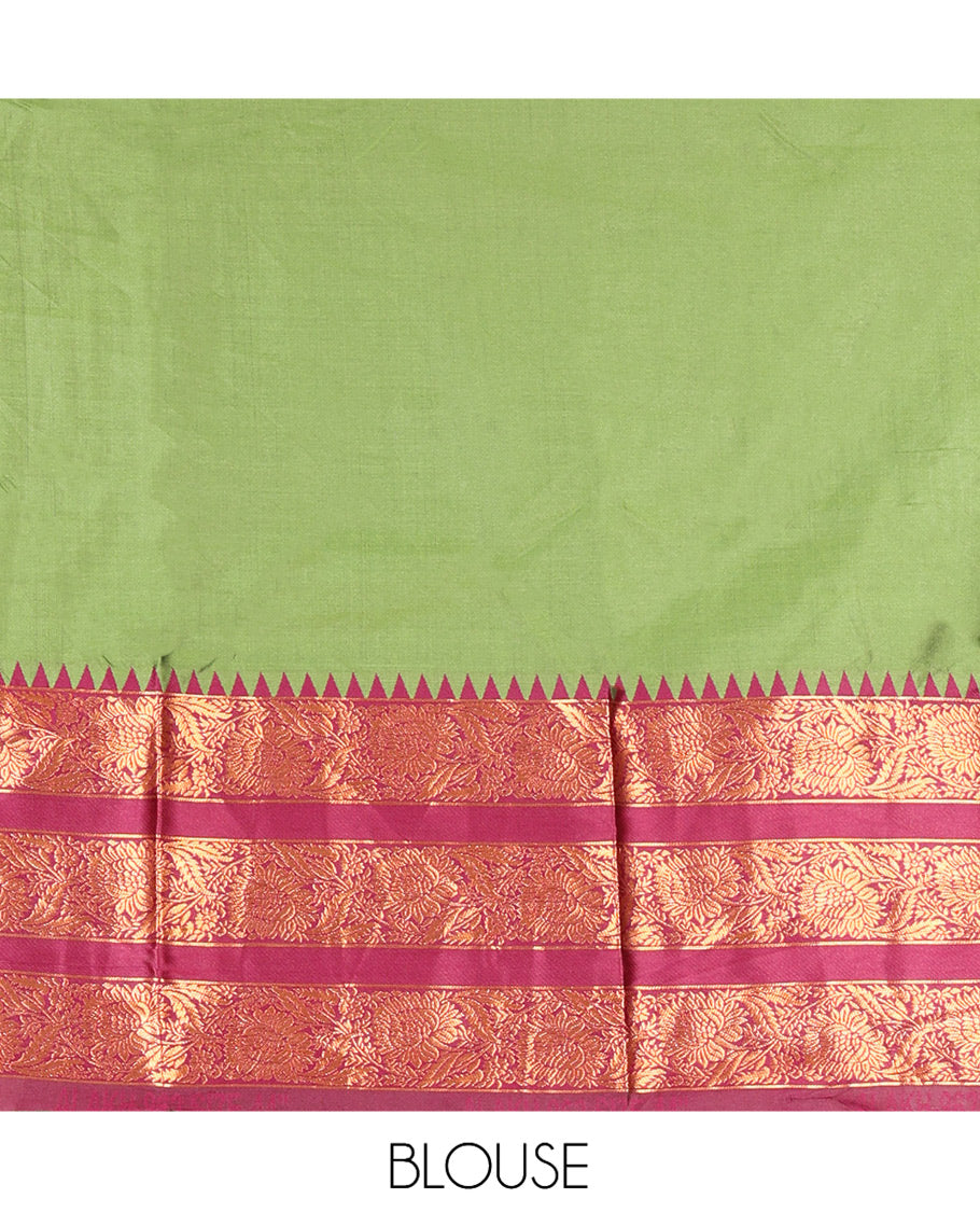 Green-Wine Semi-Banarasi Half-Saree Features Plain Skirt, Contrast Floral Creeper Zari Border, Matching Blouse, Contrast Dhavani