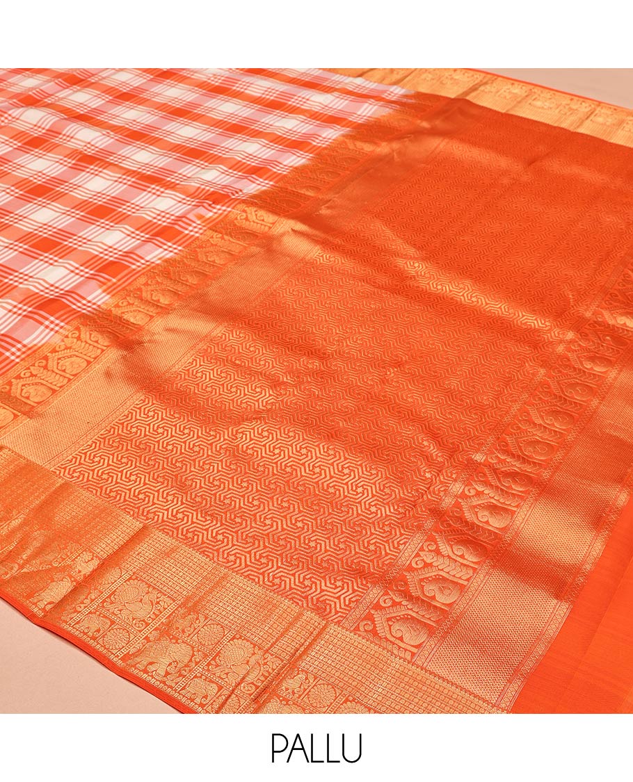 Orange-White Checked Vasundhara Lite Silk Mix Saree, a Zari Border of Mayil, Chakram, and Yaanai Designs, Grand Pallu, and a Matching Blouse
