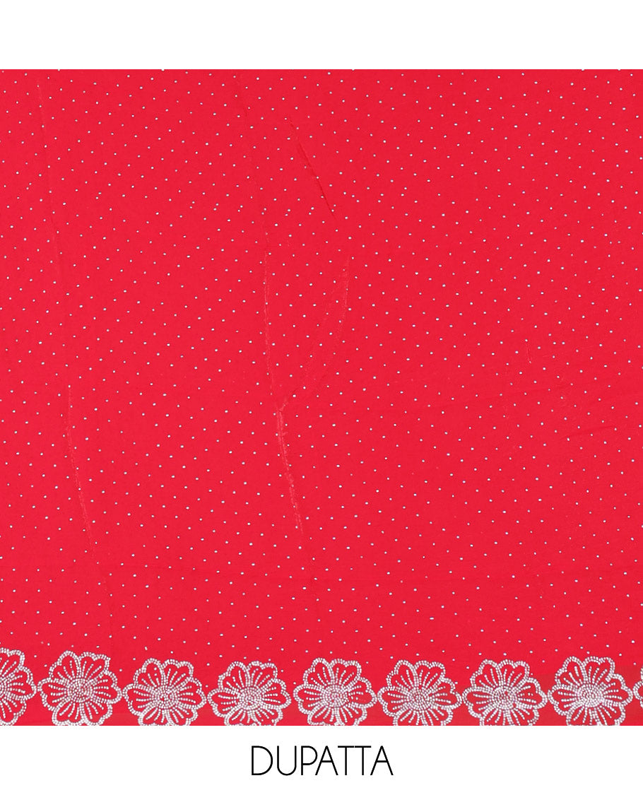 Rani pink velvet organza material chudidar set, micro stone embedded with floral micro-stone embroidered top, Italian crepe bottom, and micro stone embroidered dupatta