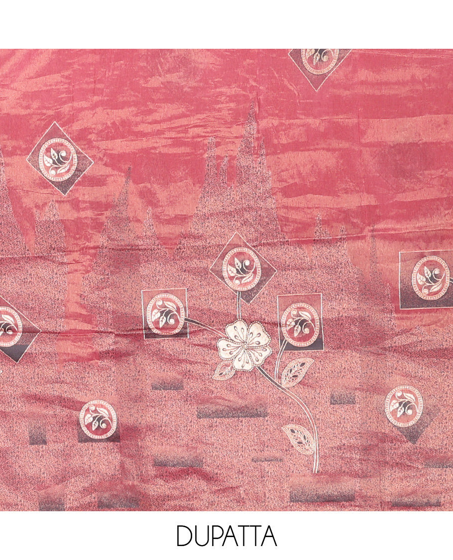 onion pink chudidhar material chanderi tissue neck weaving thread, floral butta top with satin cotton pants & chanderi tissue zari weaving dupatta
