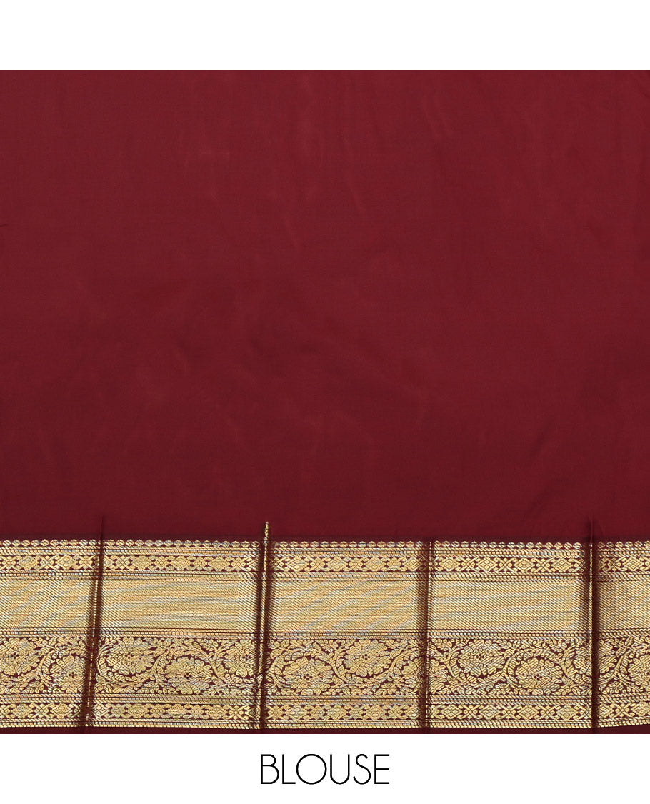 Sandal Budget Silk Saree, Subtly Sparkled with Zari Designs, Complemented by Contrast Traditional Rettai Pettu Border, Pallu of Paisleys and a Contrast Blouse