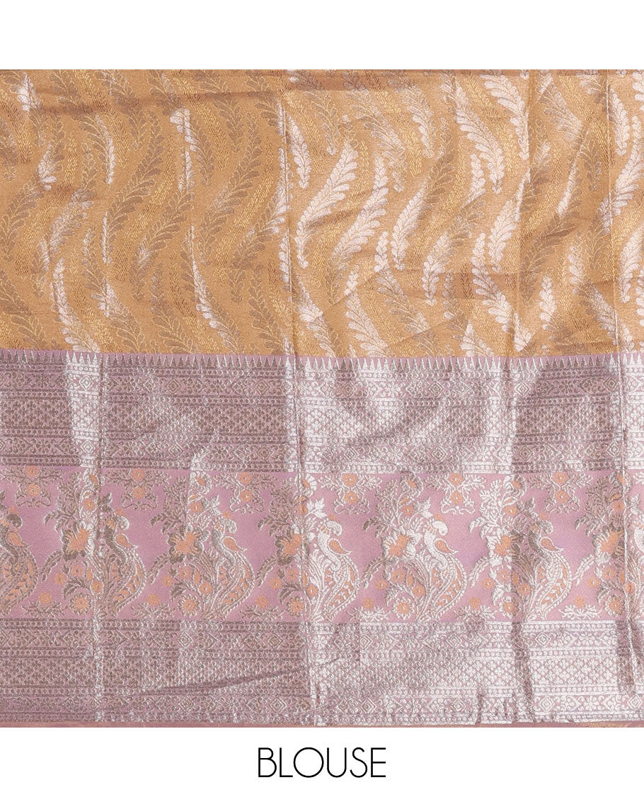 Peach-light lavender banaras tissue half saree, jacquard with contrast traditional zari bordered skirt, matching blouse, and Vichitra silk embroidered dhavani