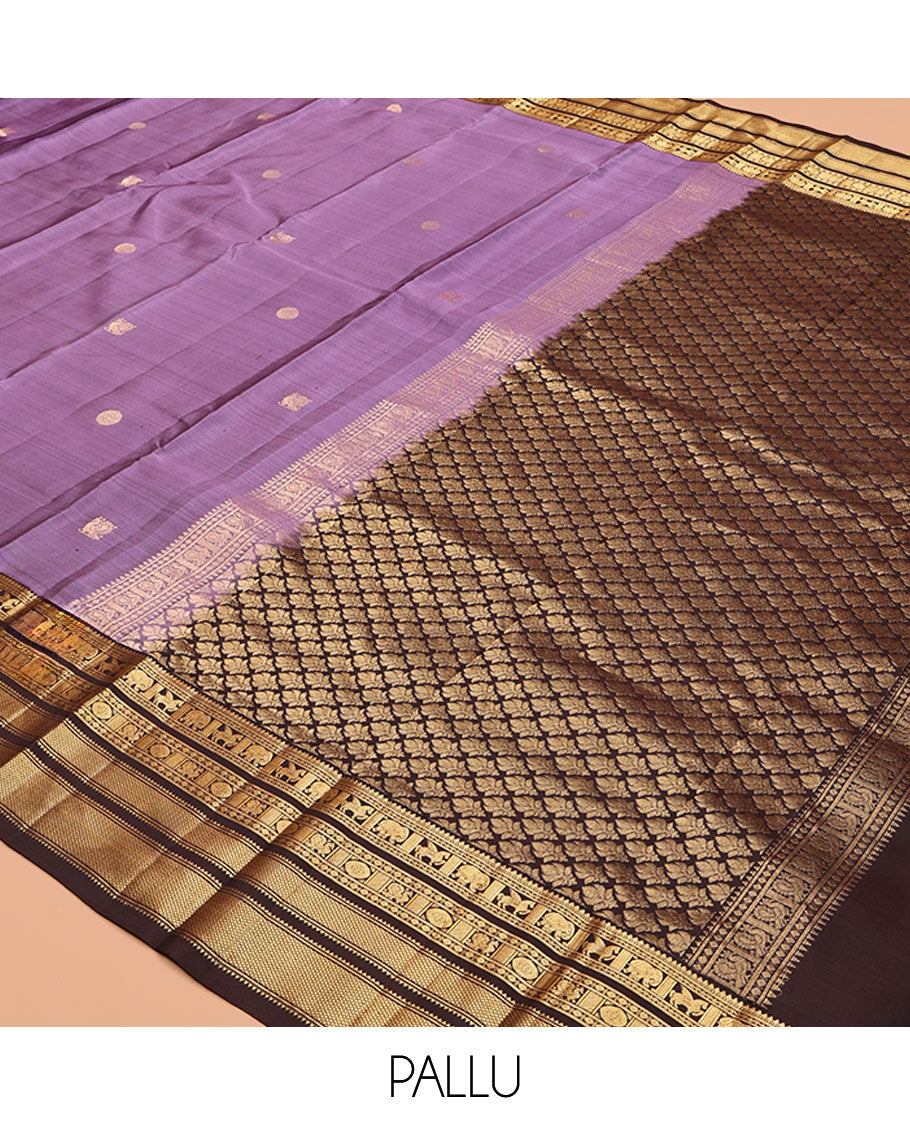 Lavender Mayil-Chakram Buttas Vasundhara Silk Saree, Contrast Border of Thilakam, Neli, Yaanai, Kuthirai, Mayil Chakram, Rudraksha, and Mayil Kann, Grand Pallu, and a Contrast Blouse